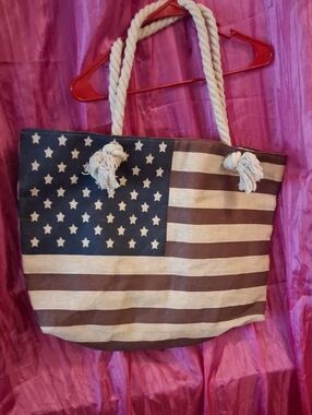 Patriotic Canvas Tote Bag with Rope Handles - Navy & Natural